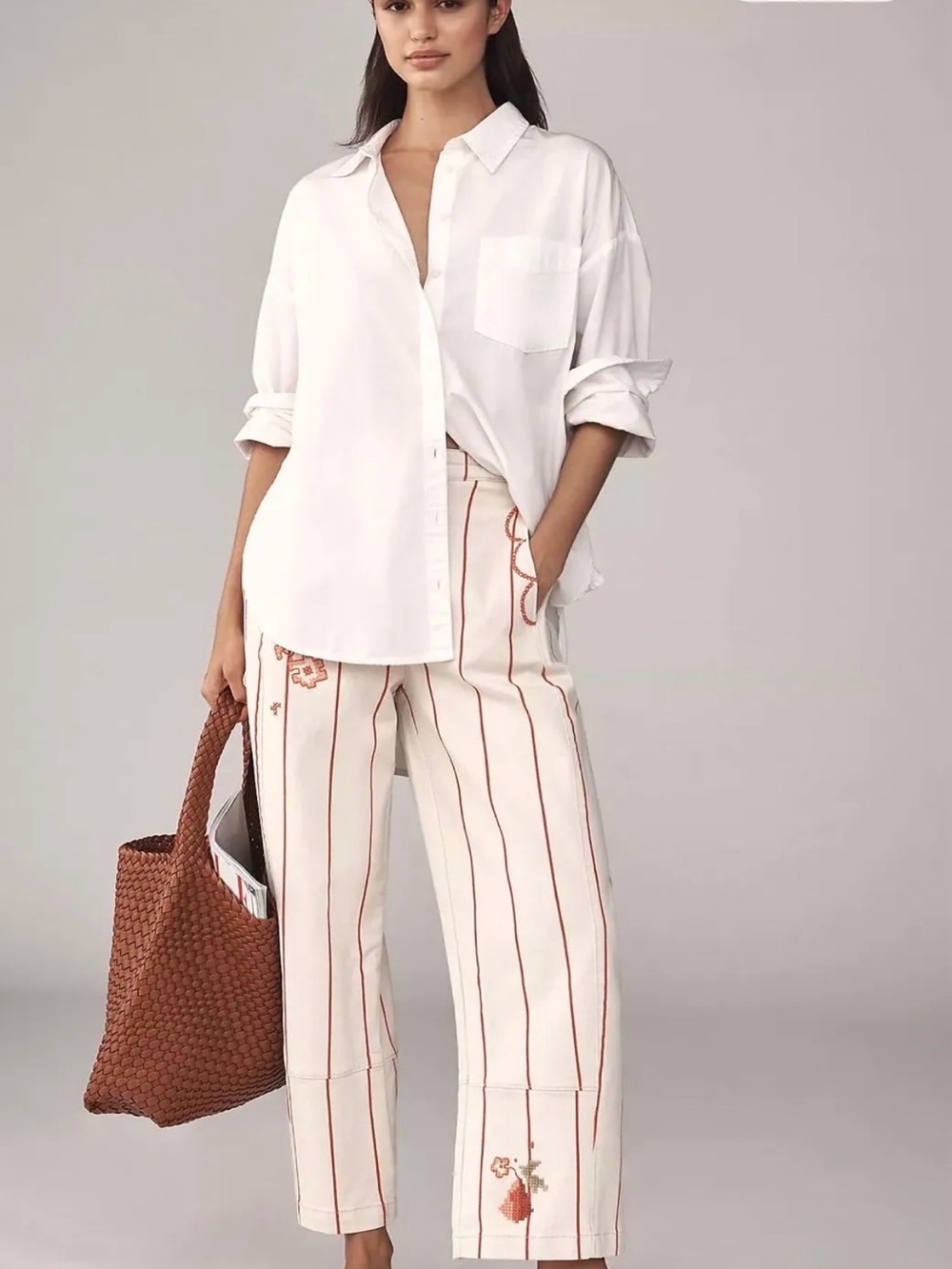 Anthro Pilcro Barrel Stripe Pants with Embroidered Detail Coral| Med| NWOT